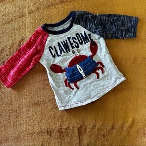 Mudpie Boys 12-18 Months Clawsome Crab Long sleeved Shirt with Appliqué